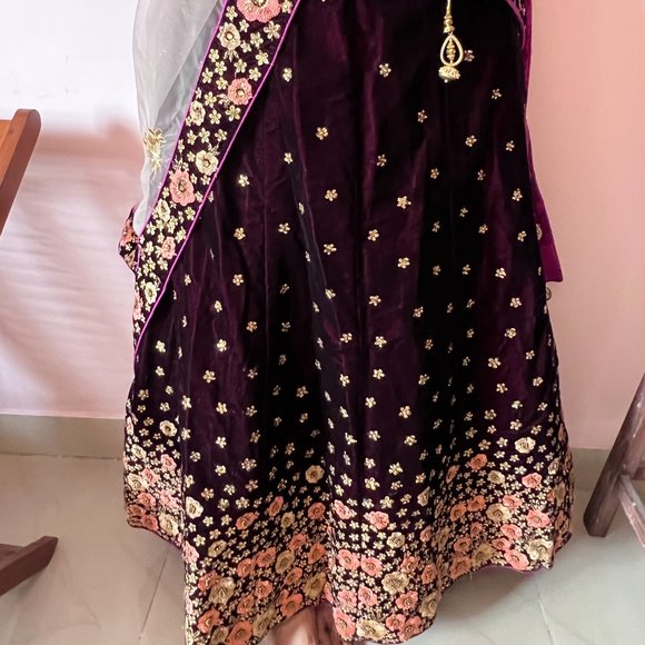 Grand Wine Coloured Lehenga Embellished with Pink and Gold Embroidered Flowers - Picture 7 of 17